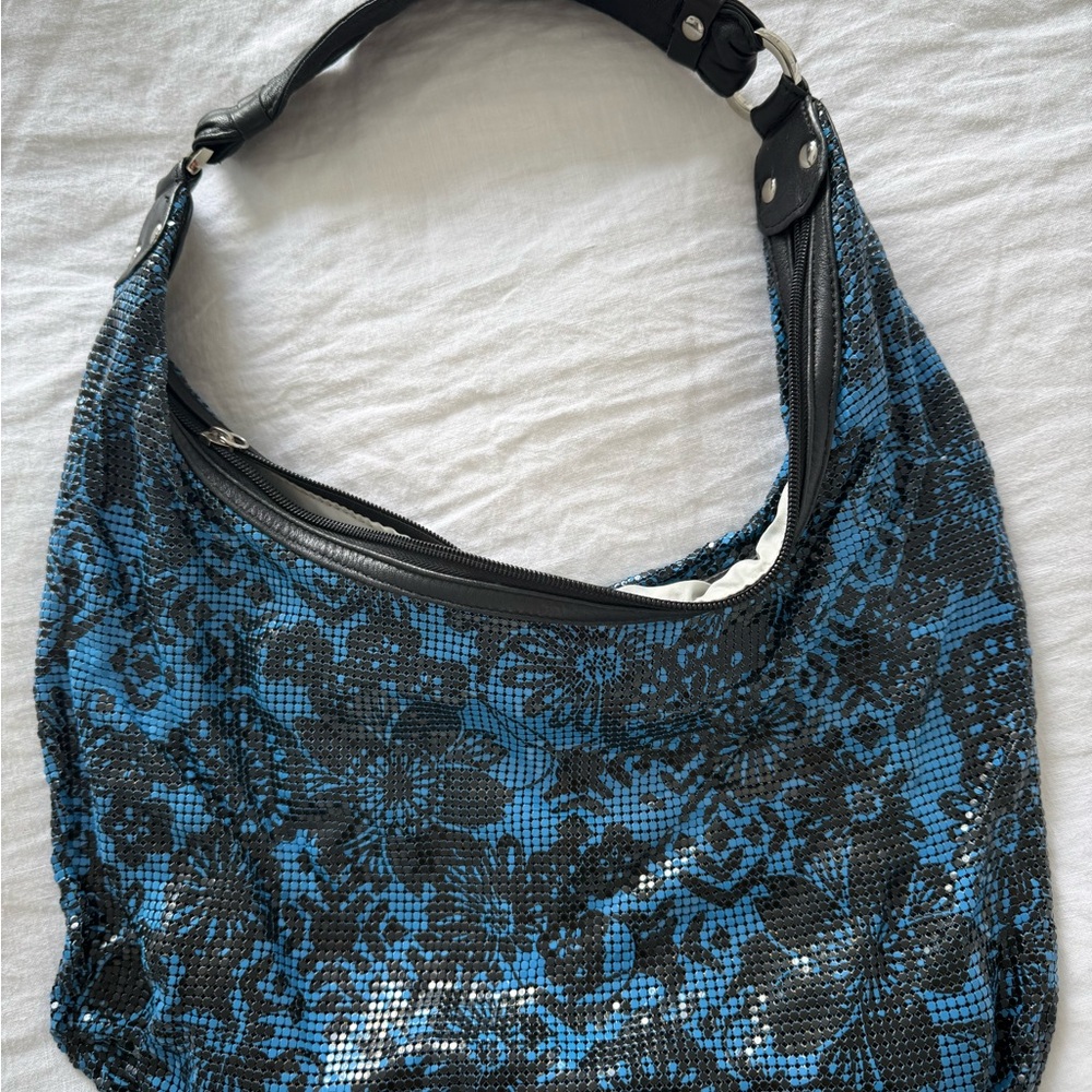 Vintage Black and Blue Hobo Bag with Lace Design